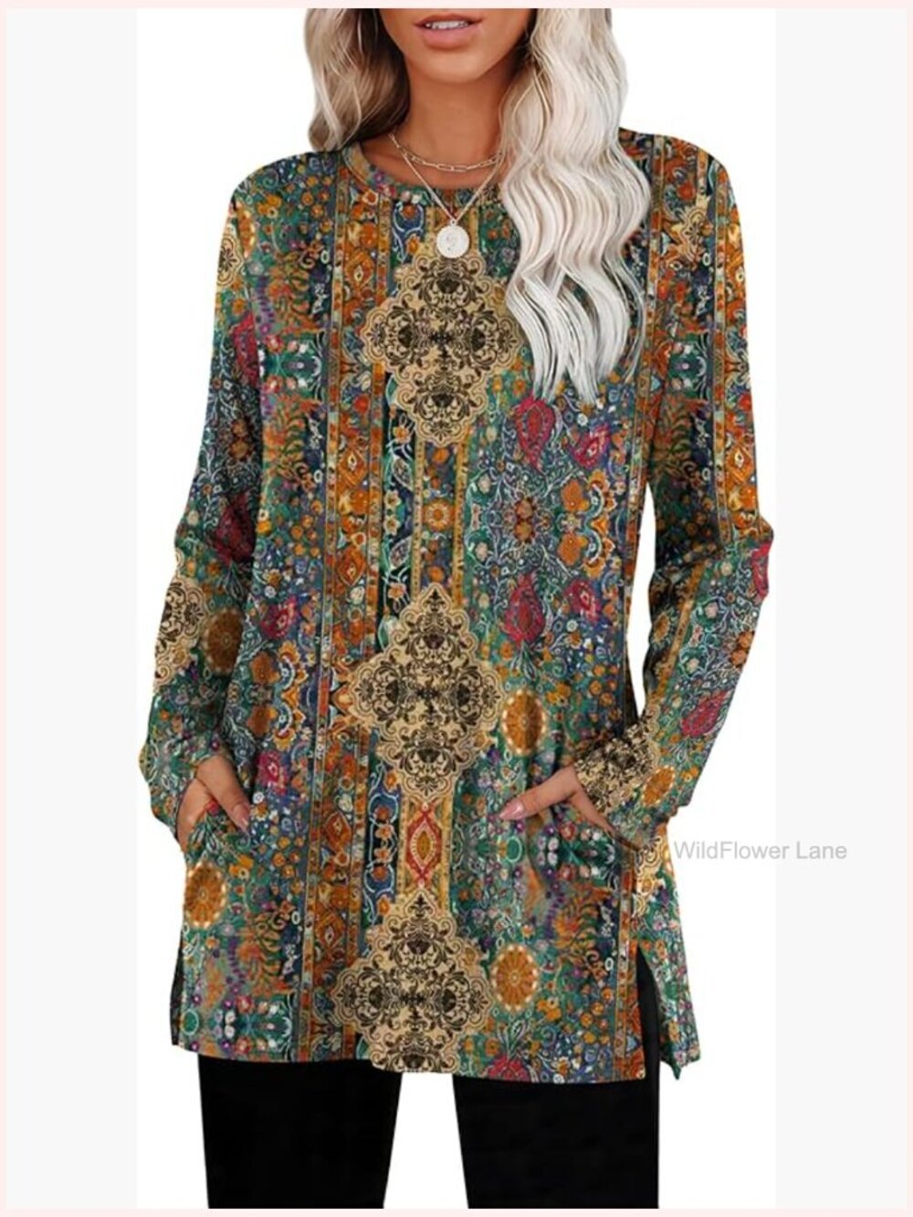 Crewneck Long Sleeve Tunic with Pockets Side Slit Lightweight Sweater